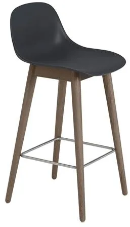 Muuto Fiber Bar Stool with Wooden Base and Backrest Black/Dark Brown H87.5 cm