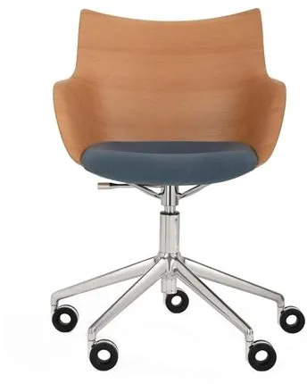 Kartell Q/Wood Office Chair Chrome/Light Wood with Blue Upholstery